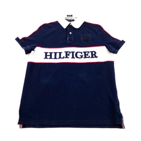 Vintage Tommy Hilfiger Blue Spell Out Custom Fit Short Sleeve Polo Shirt Mens M - Picture 1 of 8